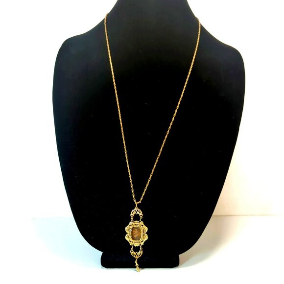 Vintage Victorian Style Gold-Tone Filigree Portrait Pendant Necklace Ornate - Picture 2 of 6